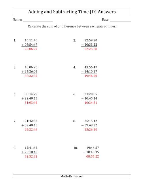 The Adding and Subtracting Hours, Minutes and Seconds (Compact Format) (D) Math Worksheet Page 2
