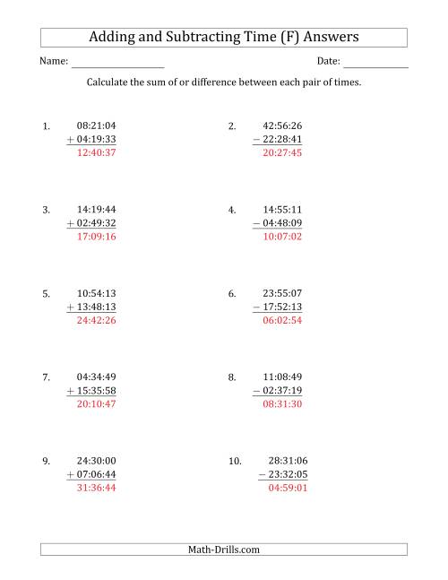 The Adding and Subtracting Hours, Minutes and Seconds (Compact Format) (F) Math Worksheet Page 2
