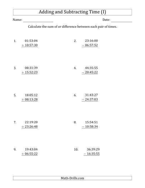 The Adding and Subtracting Hours, Minutes and Seconds (Compact Format) (I) Math Worksheet