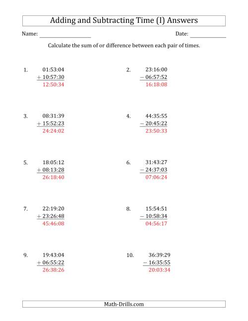 The Adding and Subtracting Hours, Minutes and Seconds (Compact Format) (I) Math Worksheet Page 2