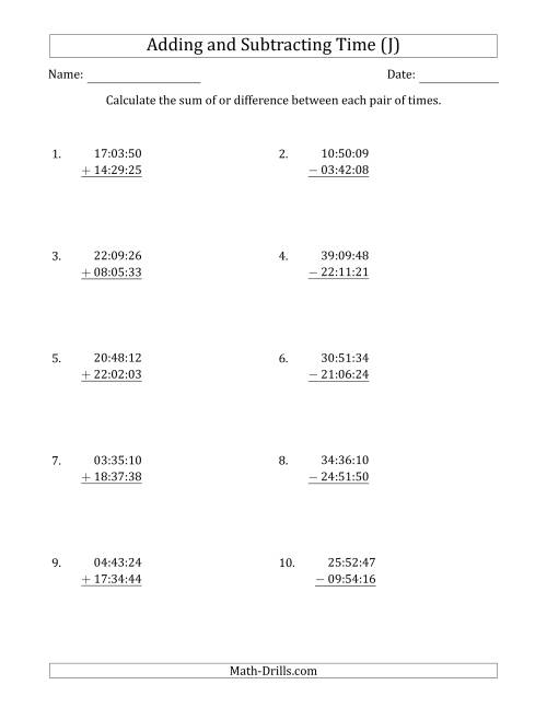 The Adding and Subtracting Hours, Minutes and Seconds (Compact Format) (J) Math Worksheet