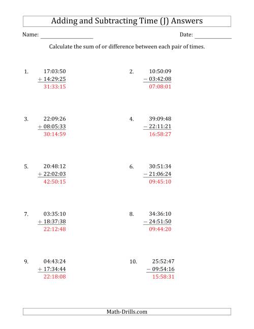 The Adding and Subtracting Hours, Minutes and Seconds (Compact Format) (J) Math Worksheet Page 2