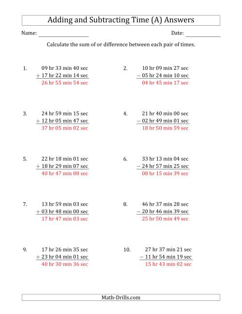 The Adding and Subtracting Hours, Minutes and Seconds (Long Format) (A) Math Worksheet Page 2