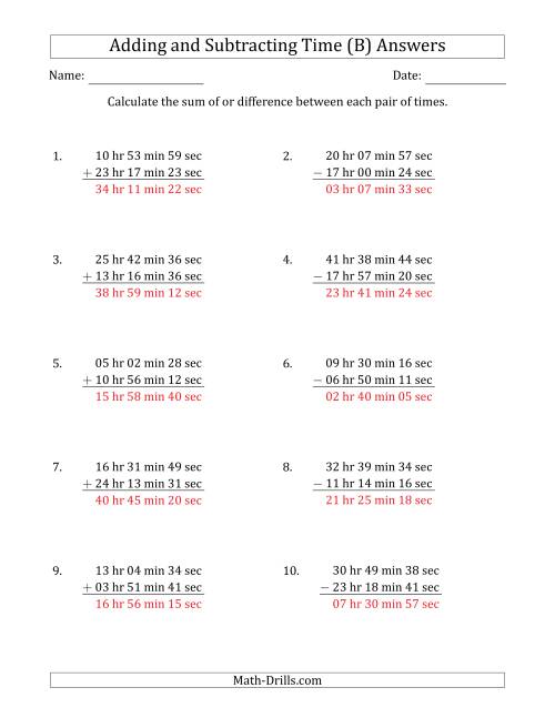 The Adding and Subtracting Hours, Minutes and Seconds (Long Format) (B) Math Worksheet Page 2