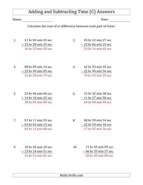 The Adding and Subtracting Hours, Minutes and Seconds (Long Format) (C) Math Worksheet Page 2