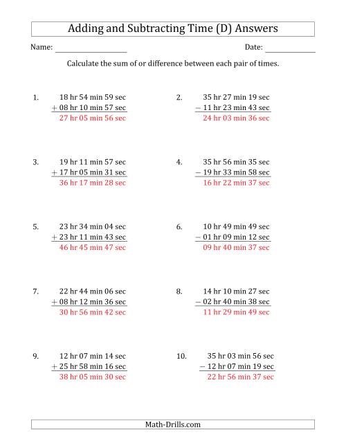 The Adding and Subtracting Hours, Minutes and Seconds (Long Format) (D) Math Worksheet Page 2