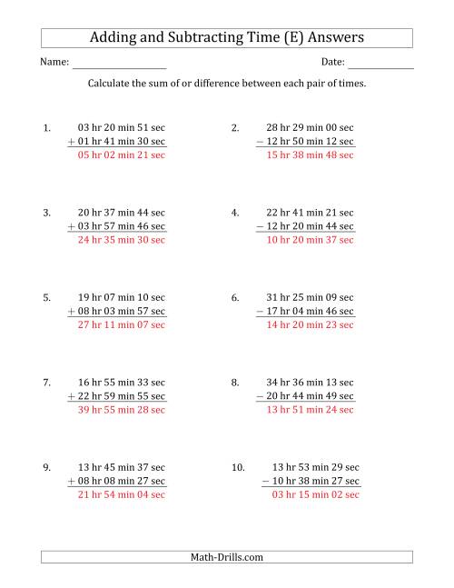 The Adding and Subtracting Hours, Minutes and Seconds (Long Format) (E) Math Worksheet Page 2