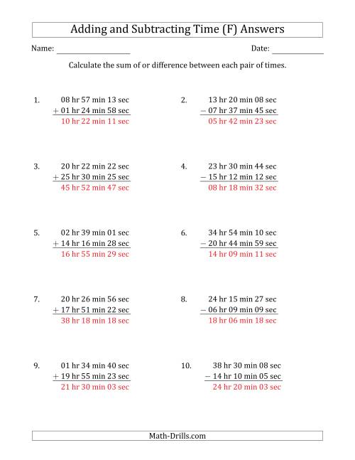 The Adding and Subtracting Hours, Minutes and Seconds (Long Format) (F) Math Worksheet Page 2