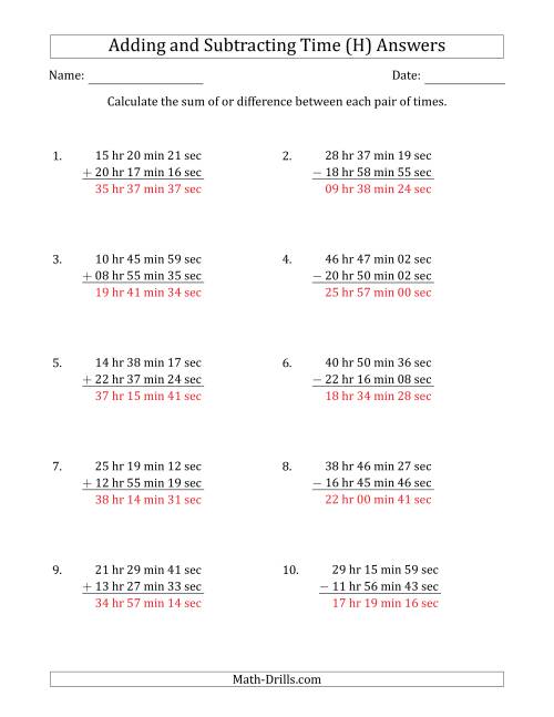 The Adding and Subtracting Hours, Minutes and Seconds (Long Format) (H) Math Worksheet Page 2