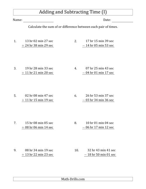 The Adding and Subtracting Hours, Minutes and Seconds (Long Format) (I) Math Worksheet