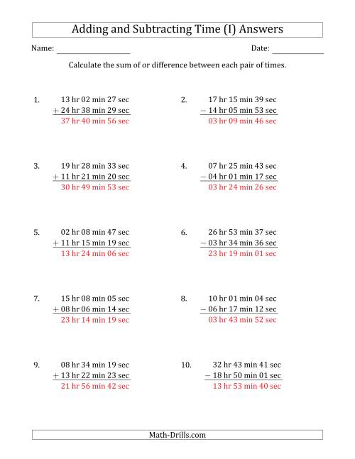 The Adding and Subtracting Hours, Minutes and Seconds (Long Format) (I) Math Worksheet Page 2