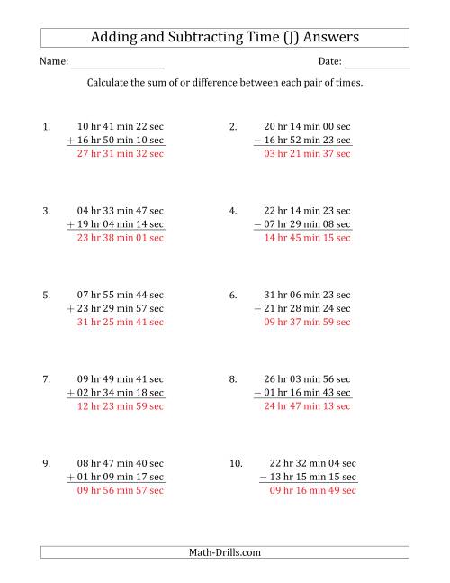 The Adding and Subtracting Hours, Minutes and Seconds (Long Format) (J) Math Worksheet Page 2