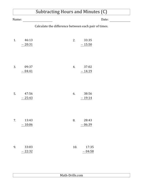The Subtracting Hours and Minutes (Compact Format) (C) Math Worksheet