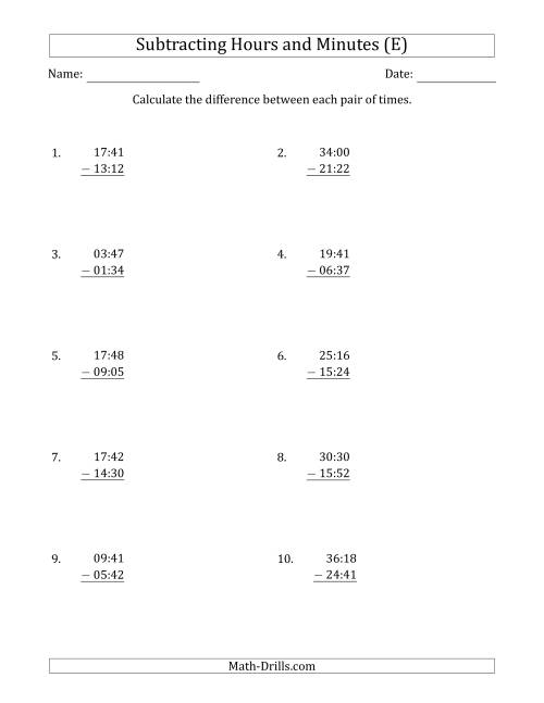 The Subtracting Hours and Minutes (Compact Format) (E) Math Worksheet