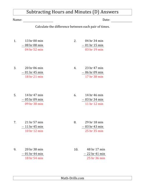 The Subtracting Hours and Minutes (Long Format) (D) Math Worksheet Page 2