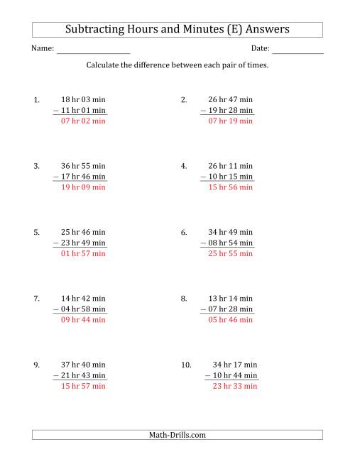 The Subtracting Hours and Minutes (Long Format) (E) Math Worksheet Page 2