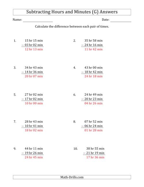 The Subtracting Hours and Minutes (Long Format) (G) Math Worksheet Page 2