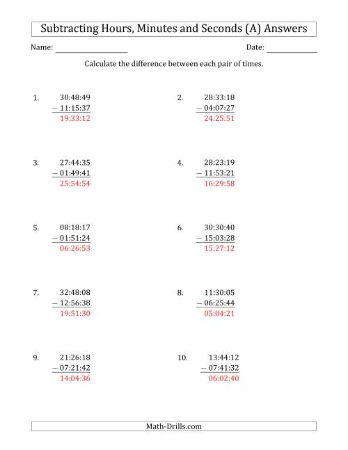 The Subtracting Hours, Minutes and Seconds (Compact Format) (A) Math Worksheet Page 2