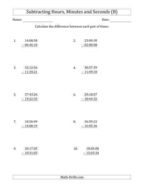 The Subtracting Hours, Minutes and Seconds (Compact Format) (B) Math Worksheet
