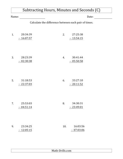 The Subtracting Hours, Minutes and Seconds (Compact Format) (C) Math Worksheet