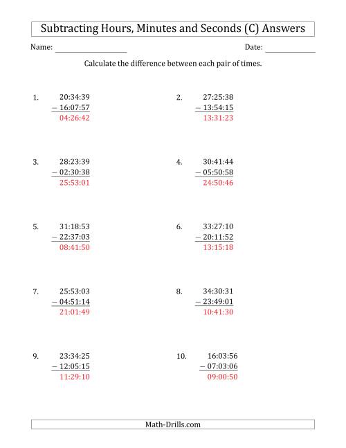 The Subtracting Hours, Minutes and Seconds (Compact Format) (C) Math Worksheet Page 2