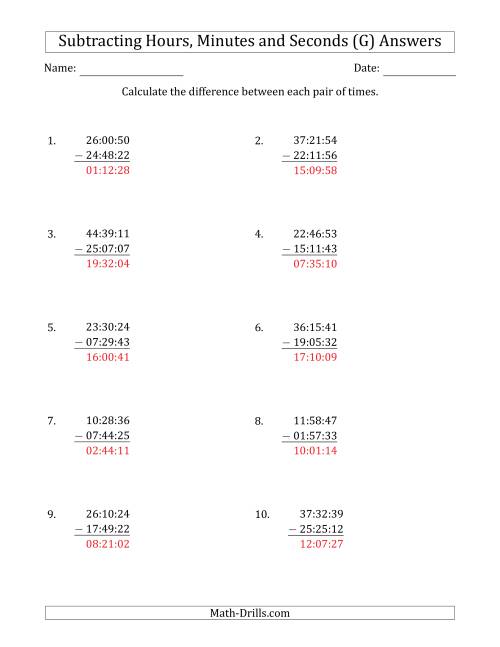 The Subtracting Hours, Minutes and Seconds (Compact Format) (G) Math Worksheet Page 2