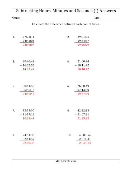 The Subtracting Hours, Minutes and Seconds (Compact Format) (I) Math Worksheet Page 2
