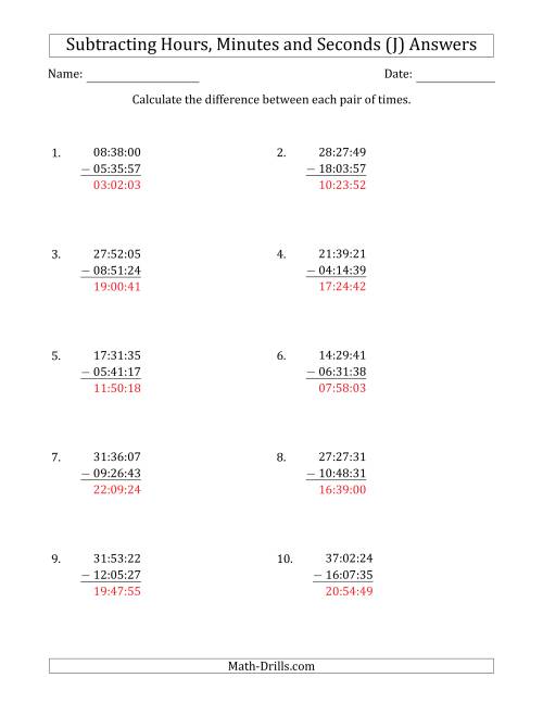 The Subtracting Hours, Minutes and Seconds (Compact Format) (J) Math Worksheet Page 2