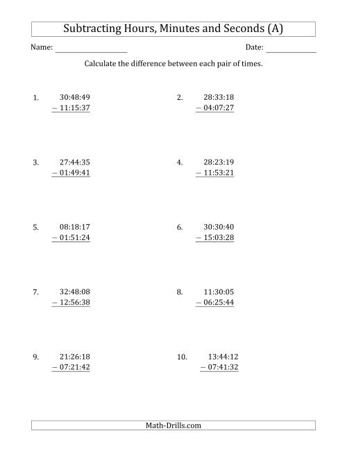 The Subtracting Hours, Minutes and Seconds (Compact Format) (All) Math Worksheet