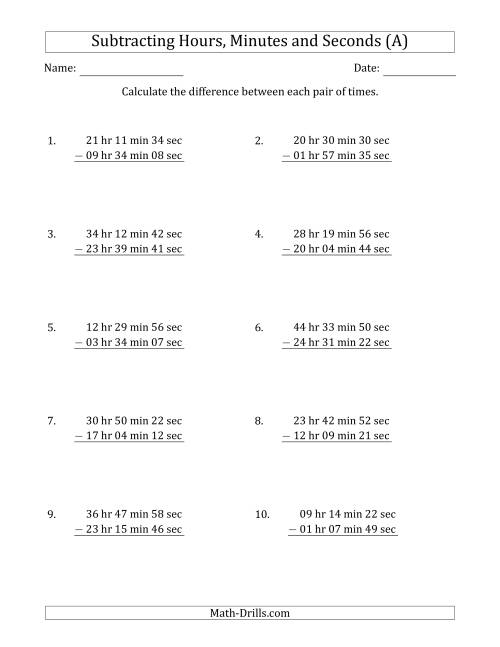 The Subtracting Hours, Minutes and Seconds (Long Format) (A) Math Worksheet