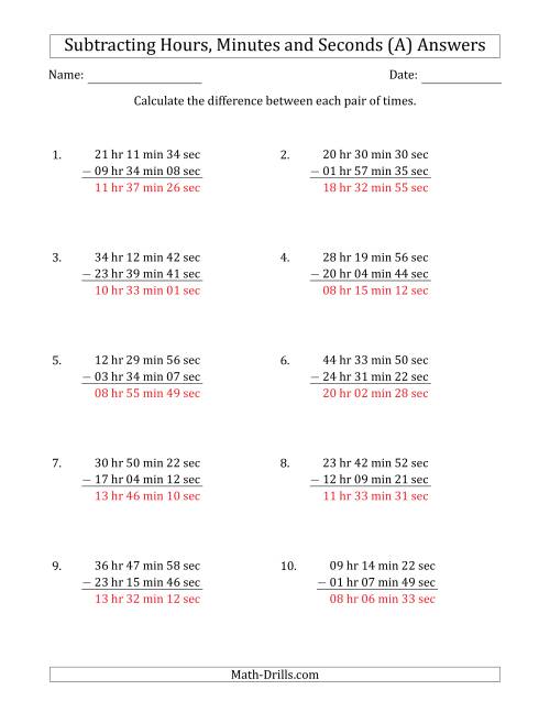 The Subtracting Hours, Minutes and Seconds (Long Format) (A) Math Worksheet Page 2