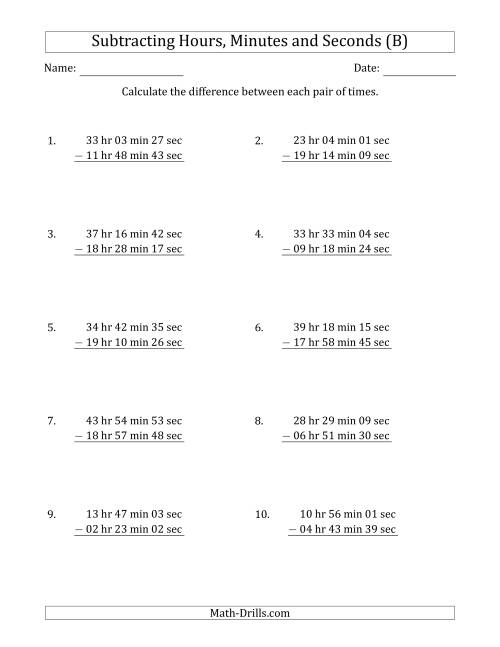 The Subtracting Hours, Minutes and Seconds (Long Format) (B) Math Worksheet