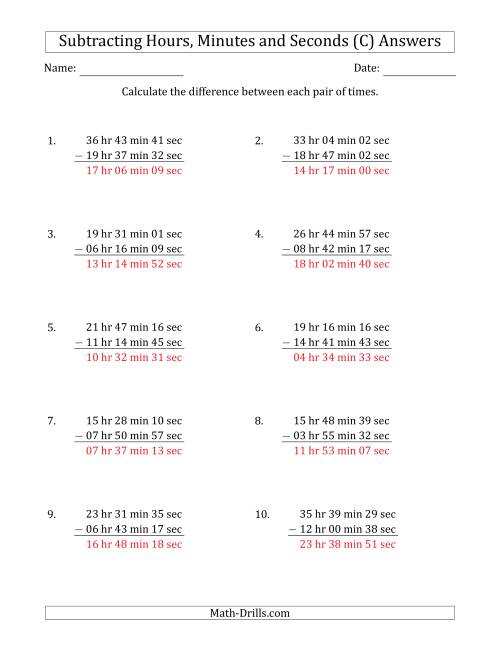 The Subtracting Hours, Minutes and Seconds (Long Format) (C) Math Worksheet Page 2