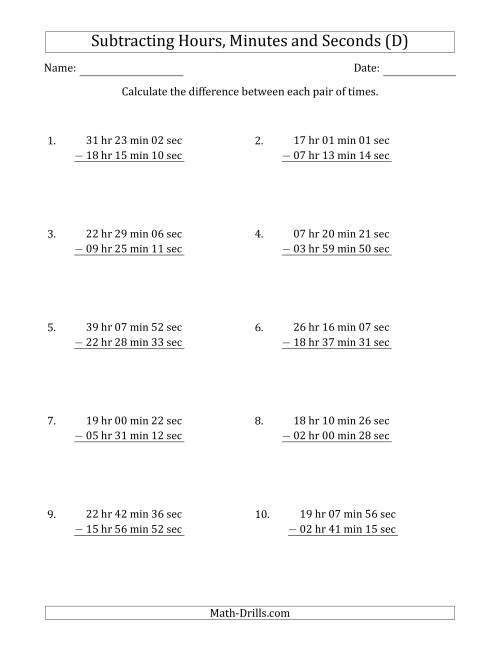 The Subtracting Hours, Minutes and Seconds (Long Format) (D) Math Worksheet