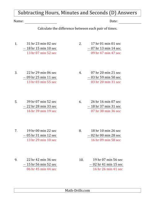 The Subtracting Hours, Minutes and Seconds (Long Format) (D) Math Worksheet Page 2