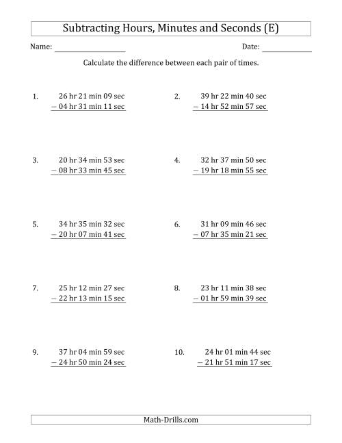 The Subtracting Hours, Minutes and Seconds (Long Format) (E) Math Worksheet