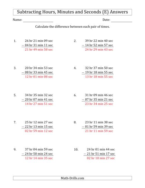 The Subtracting Hours, Minutes and Seconds (Long Format) (E) Math Worksheet Page 2