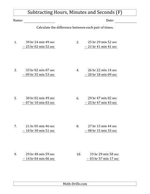 The Subtracting Hours, Minutes and Seconds (Long Format) (F) Math Worksheet