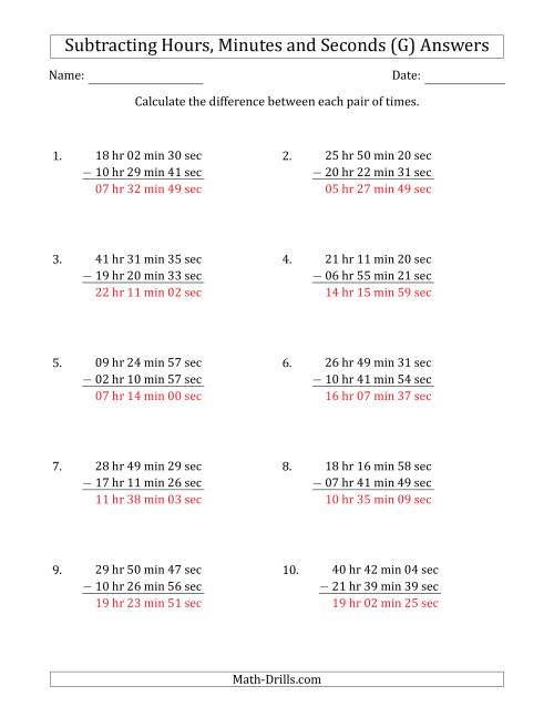 The Subtracting Hours, Minutes and Seconds (Long Format) (G) Math Worksheet Page 2