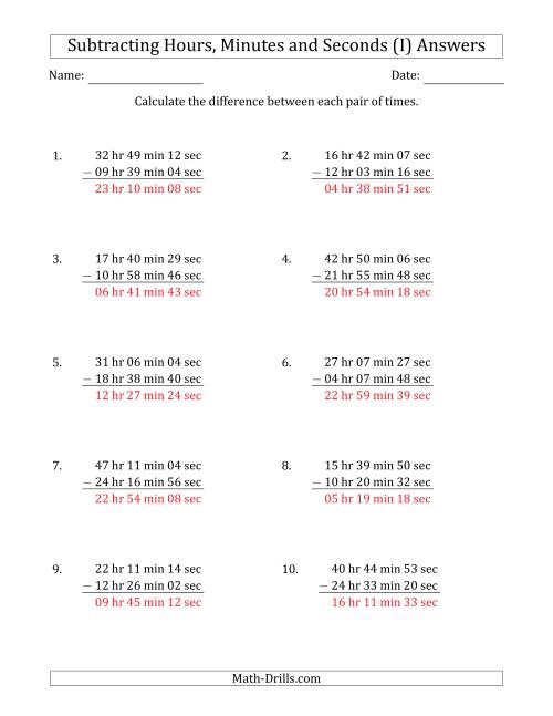 The Subtracting Hours, Minutes and Seconds (Long Format) (I) Math Worksheet Page 2