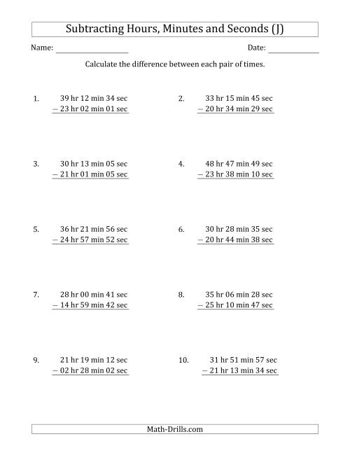 The Subtracting Hours, Minutes and Seconds (Long Format) (J) Math Worksheet