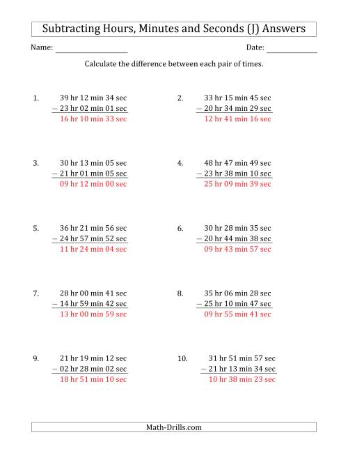 The Subtracting Hours, Minutes and Seconds (Long Format) (J) Math Worksheet Page 2