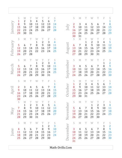The Yearly Calendar Beginning on Sunday, January 1 (A) Math Worksheet