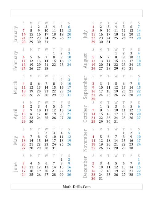 The Yearly Calendar Beginning on Monday, January 1 (B) Math Worksheet