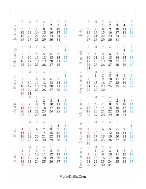 The Yearly Calendar Beginning on Wednesday, January 1 (D) Math Worksheet