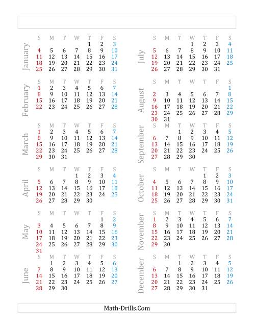 The Yearly Calendar Beginning on Thursday, January 1 (E) Math Worksheet