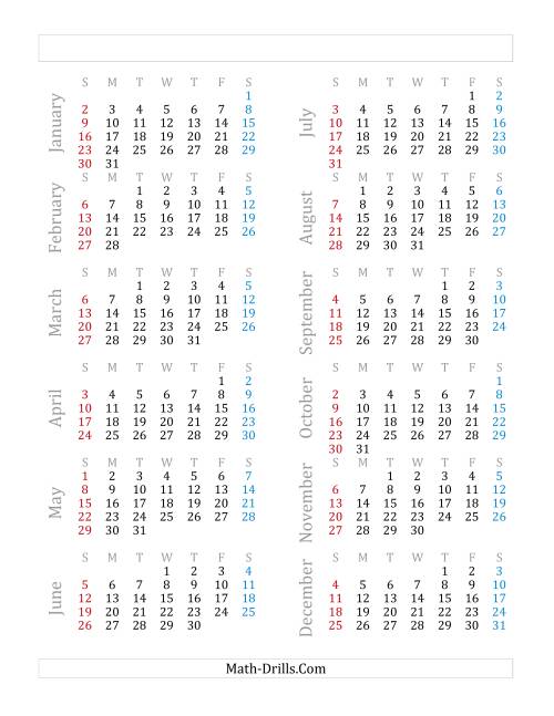 The Yearly Calendar Beginning on Saturday, January 1 (G) Math Worksheet