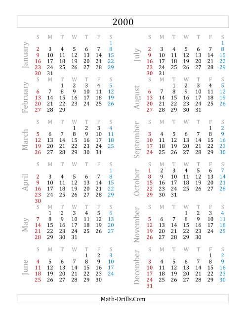 The 2000 Yearly Calendar (A) Math Worksheet