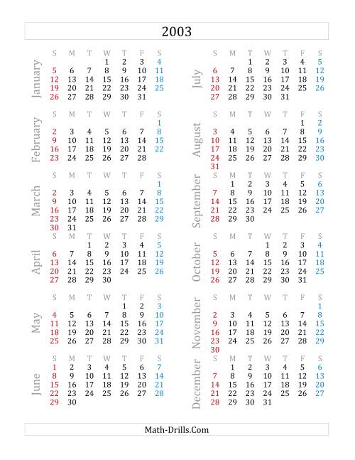 The 2003 Yearly Calendar (A) Math Worksheet