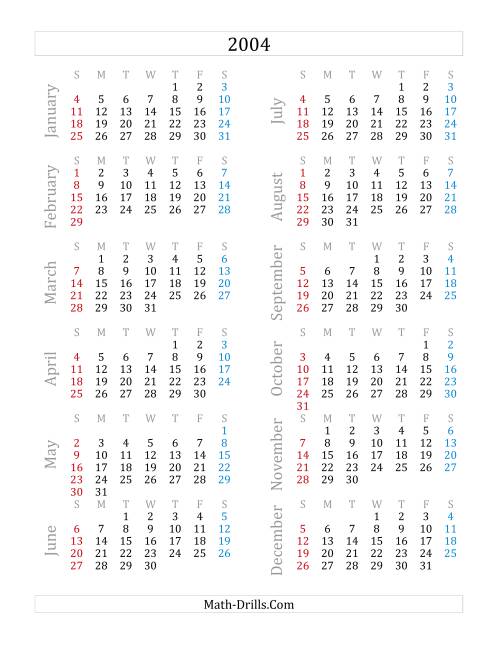 The 2004 Yearly Calendar (A) Math Worksheet